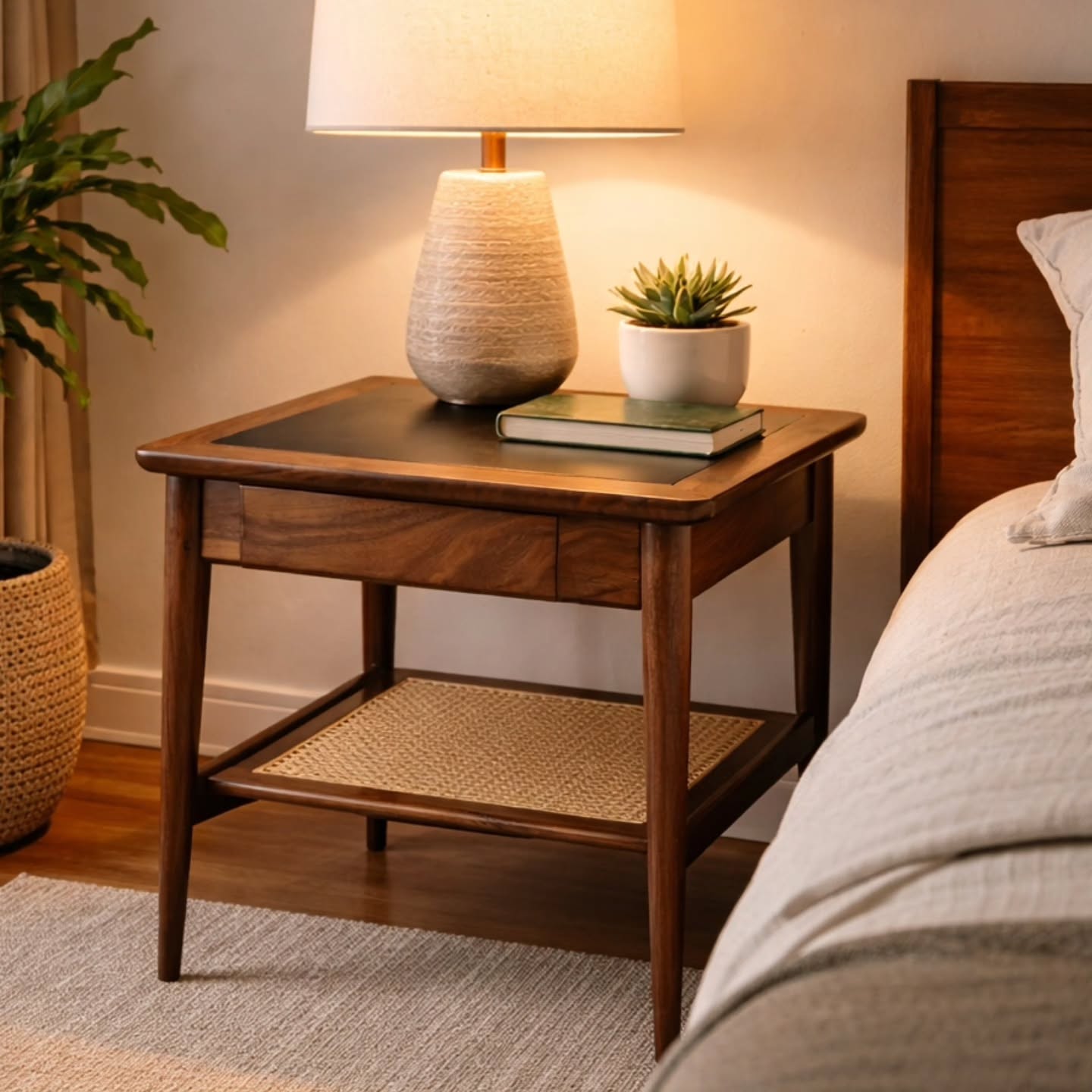 Restored wood end table styled beside a sofa