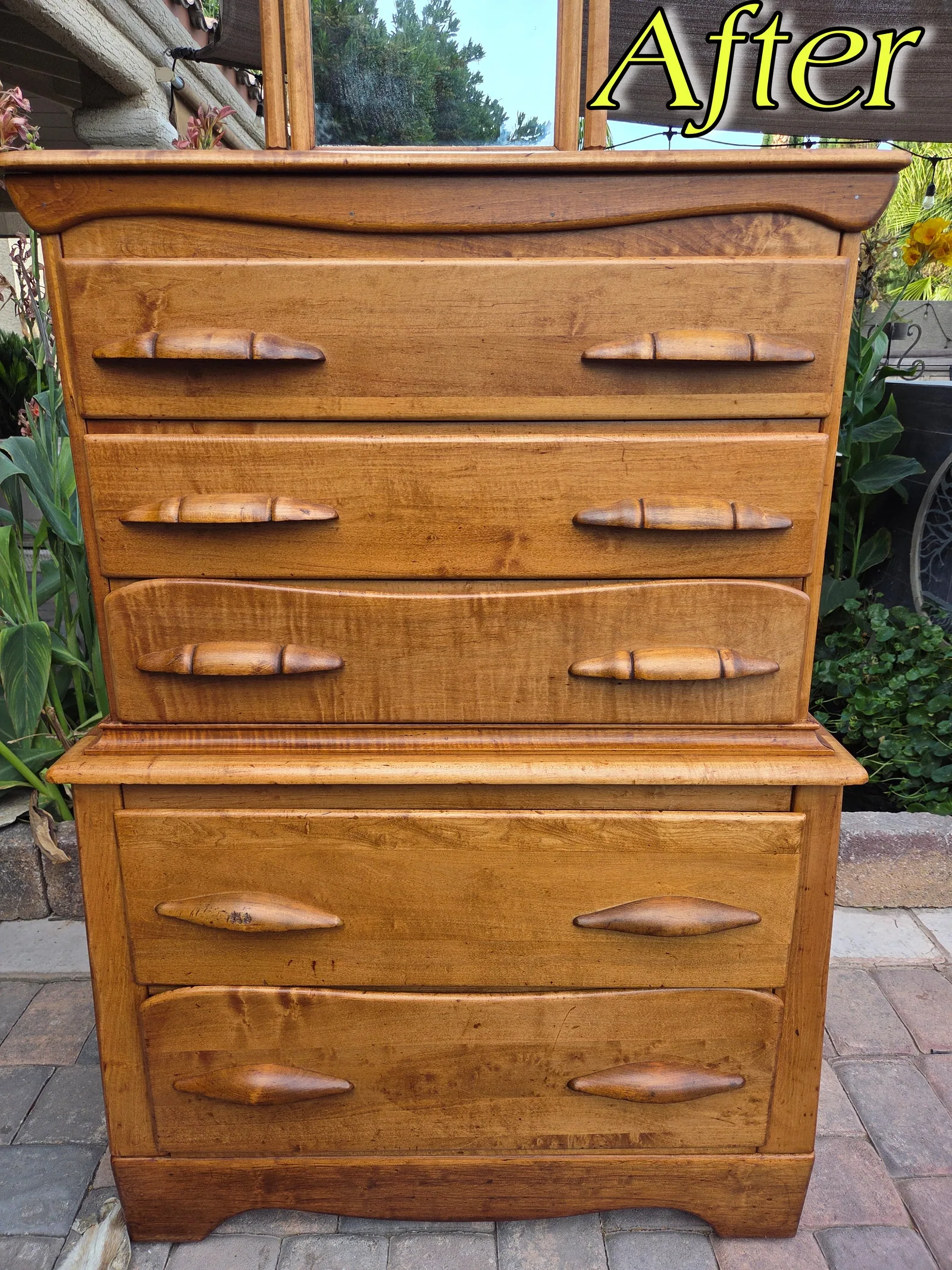 Restored maple tallboy dresser with original wooden pulls and mirror