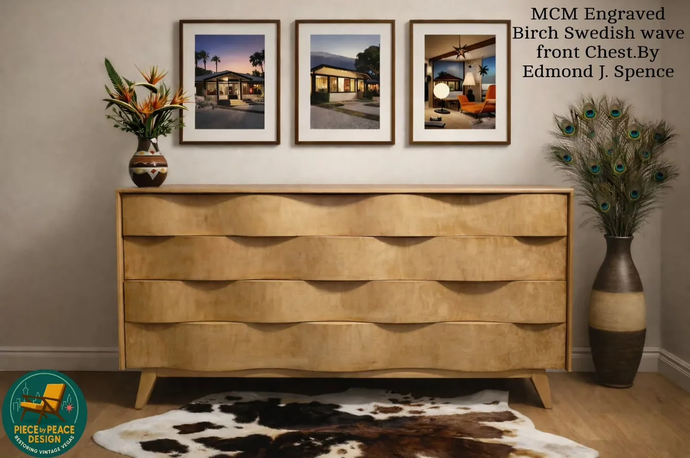 Restored sculpted-front wood credenza